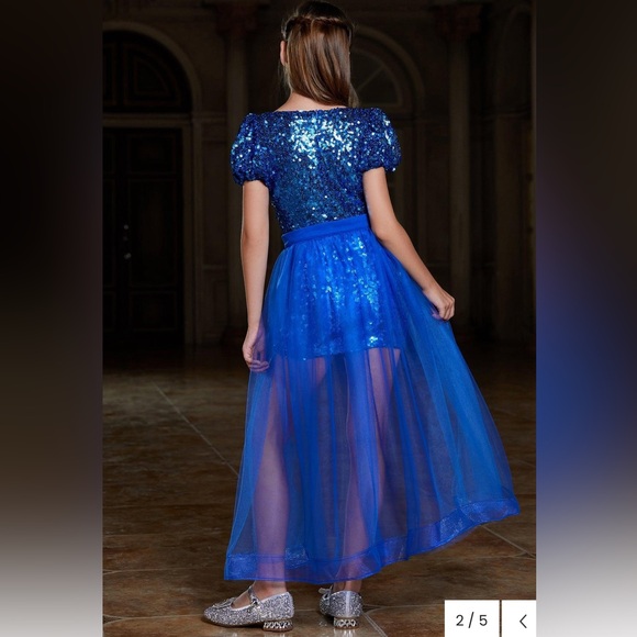 Tween Girls Mesh Overlay Blue Sequin Mini Dress - Picture 2 of 4
